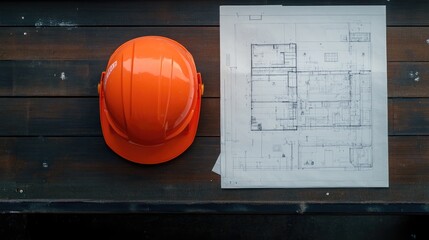 Top-down view of an orange hard hat placed near construction blueprints on a drafting table.