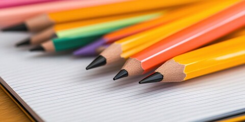 Fototapeta premium Minimalist Study Aesthetic Vibrant Colored Pencils on Open Notebook with Natural Wood Texture - Creative Learning and Educational Content for Modern Classroom Engagement