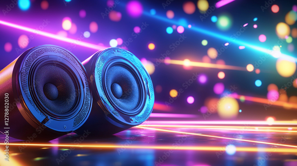 Poster vibrant close-up of modern speakers surrounded by dynamic light patterns and colorful bokeh effects