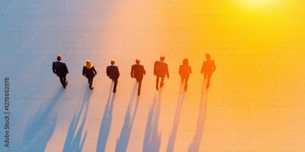 Poster vibrant business networking diverse professionals in suits walking in modern venue - dynamic corpora