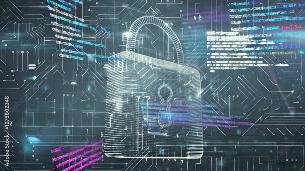 Poster futuristic digital illustration of a transparent padlock over a complex circuit board with flowing d