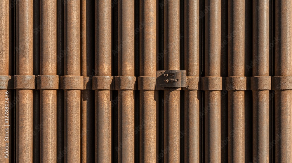 Poster top-down view of a grid-like arrangement of metal scaffolding pipes with shadows.