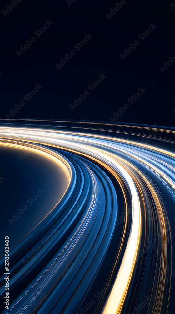 Poster a dynamic image showcasing light trails on a dark background, representing the fast-paced movement o
