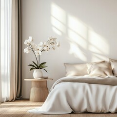 Modern bedroom with orchids and sunlight. Interior design. Possible use for home decor