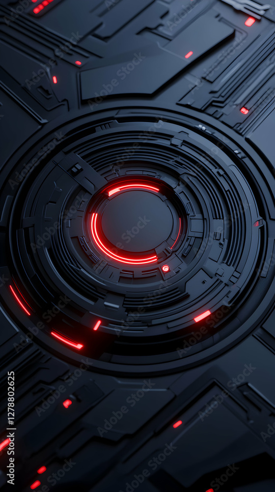 Poster a close-up view of a futuristic black surface with intricate circuit patterns and glowing red accent