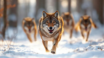 Naklejka premium pack of wolves running through snow in winter forest, showcasing their strength and unity