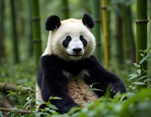 Obraz premium A panda bear sits relaxed in a bamboo forest, its black and white fur contrasting with the lush green background. The sunlight gently illuminates its body, revealing the delicate texture of its fur