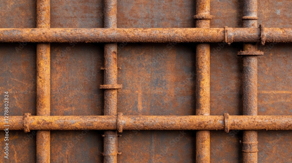 Poster top-down view of a network of scaffolding pipes with metallic reflections and worn-out textures.