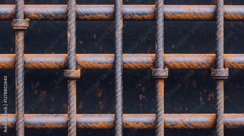 Aufkleber top-down view of a network of scaffolding pipes with metallic reflections and worn-out textures.