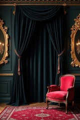 Black velvet drapes with gold accents and ornate mirrors, elegance, black