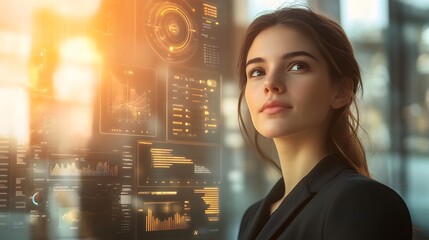 Confident Young Entrepreneur Surrounded by Futuristic AI Powered Business Dashboards