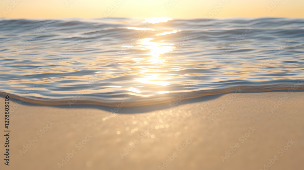 Poster a tranquil beach scene featuring gentle waves lapping against soft sand, illuminated by the warm glo