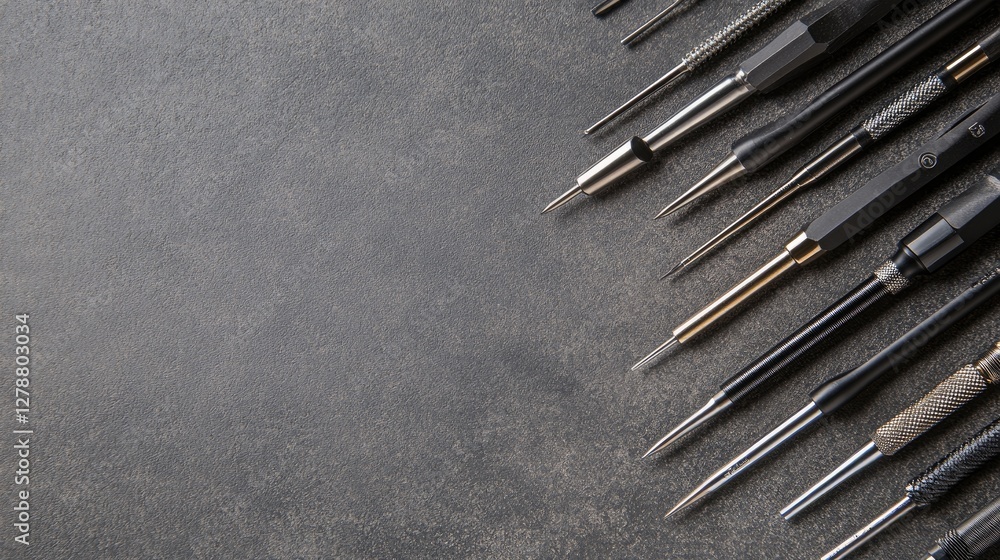 Poster top-down view of a precision toolset for engineers, placed on a metal surface.
