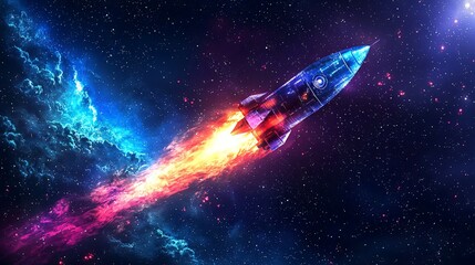 Obraz premium Rocket launching through nebula, space travel