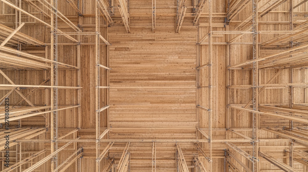 Poster top-down view of a scaffolding system with planks, braces, and ladders forming a structured arrangem