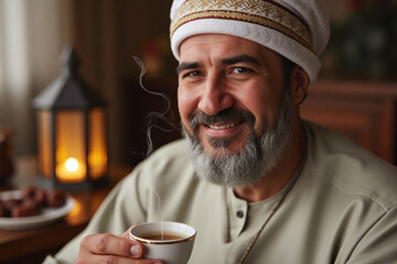 arab man with cup of coffee at iftar time in Ramadan