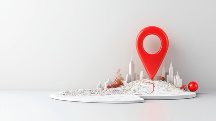 A stylized map with a prominent red location pin, showcasing a modern city skyline in a minimalistic design.