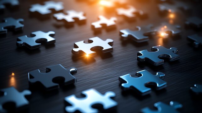 An array of glossy metallic puzzle pieces scattered on a dark surface, highlighted with warm lighting, representing complexity, problem-solving, and creativity.