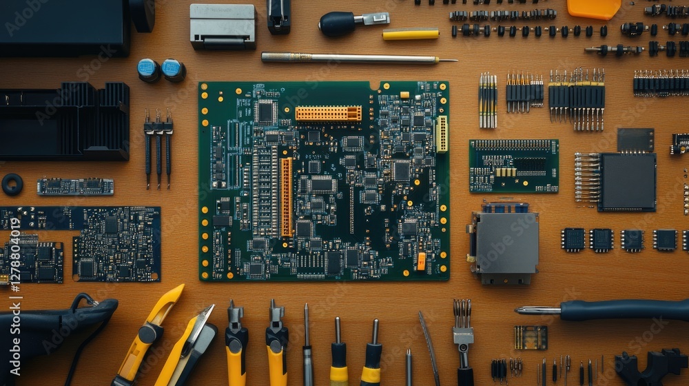 Poster top-down view of a workbench with circuit board diagrams and electronic components.
