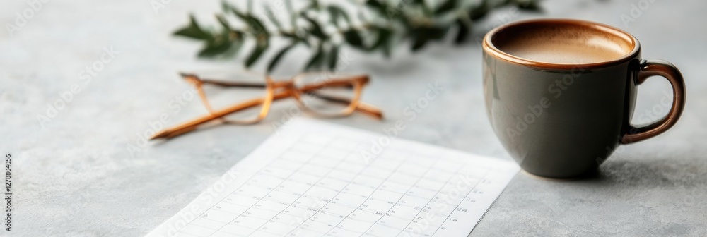 Poster contemporary minimalist workspace sleek planner page with marked calendar dates and stylish desk acc