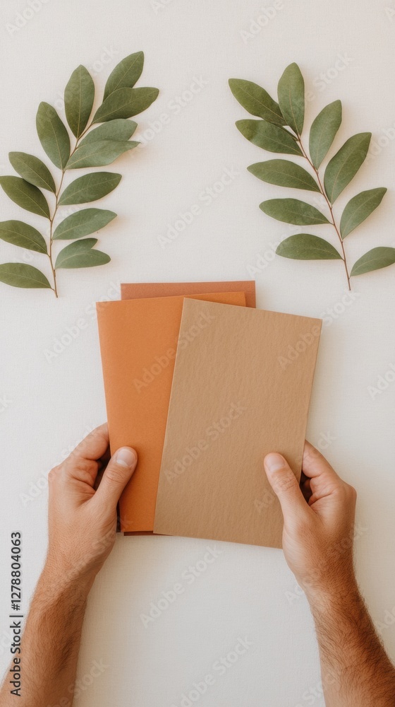Aufkleber Warm Neutrals in Workspace Hands Organizing Eco-Friendly File Folders with Leaf Accents - Sustainable Office Design and Efficient Workflow Solutions