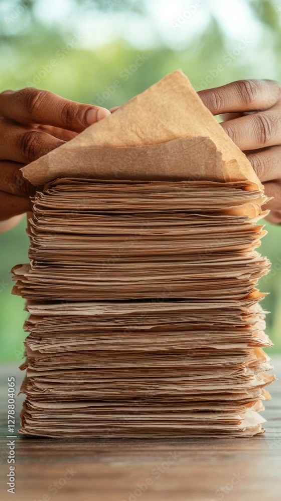 Poster warm texture office aesthetics diverse hands engaging with recycled paper folders - modern file orga