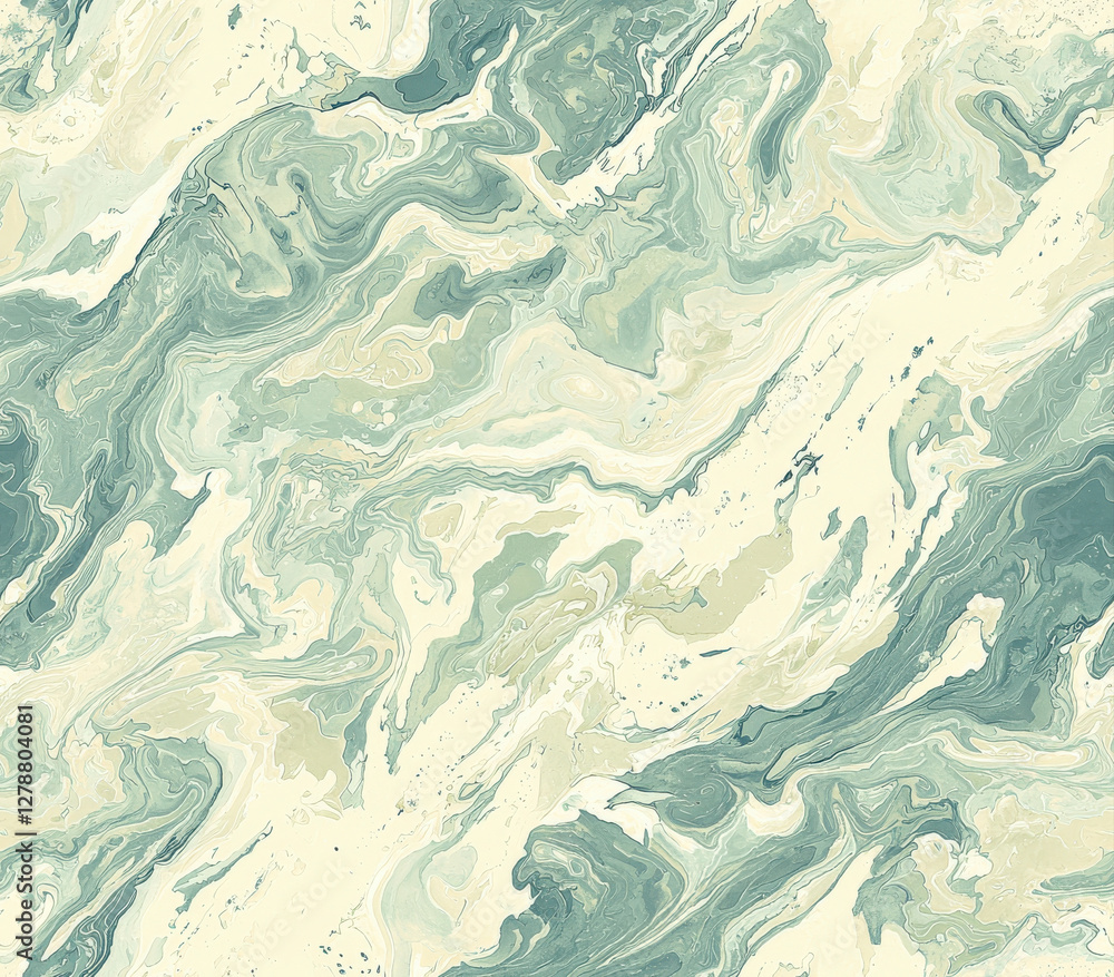 Poster abstract marble texture in soft green and cream tones, creating serene atmosphere, seamless pattern 