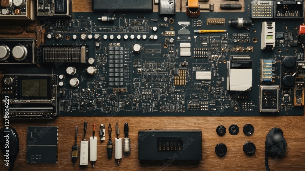 Poster top-down view of a workbench with circuit board diagrams and electronic components.