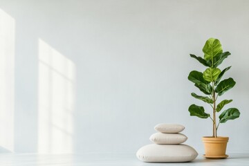 Serene Minimalist Wellness Space Soft Meditation Cushions and Potted Plant in Sunlit Sanctuary - Therapeutic Interior Design for Modern Mindfulness Retreats