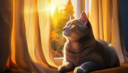 창가에 앉아 있는 회색 고양이