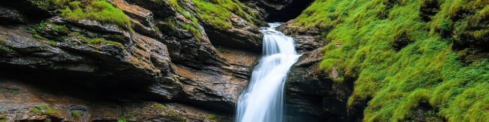 Fototapeta premium Modern Biophilic Waterfall Installation Multi-Tiered Cascades and Moss-Covered Stones for Eco-Resorts and Tranquil Wellness Spaces - Nature-Inspired Design and Relaxation Enhancement