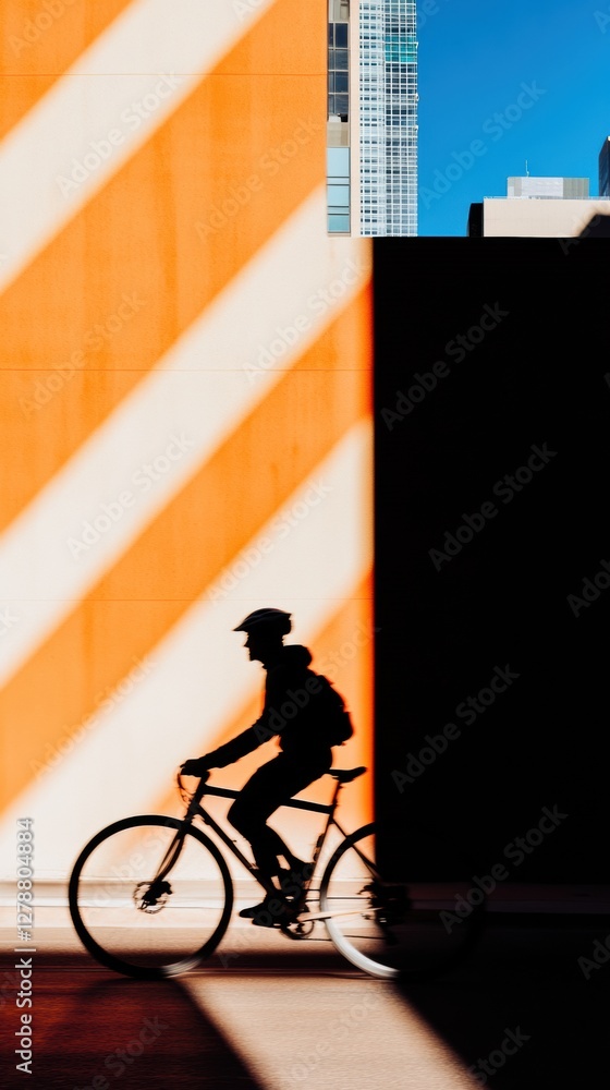 Poster urban cyclist in modern cityscape shadow play and architectural minimalism for sustainable commuting
