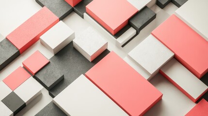 A striking abstract background design featuring geometric blocks arranged in a dynamic 3D render.