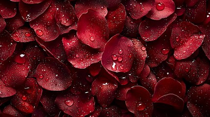 Close-up of dew-covered dark red rose petals.