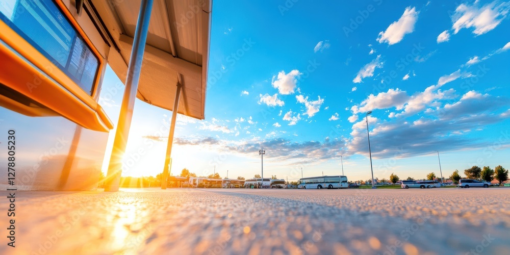 Poster modern minimalist transit hub polished concrete bus station with waiting passengers and schedule dis