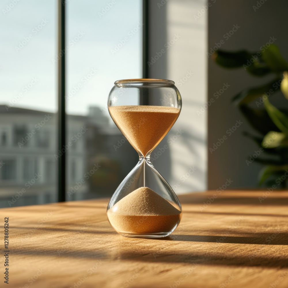 Fototapete scandinavian light wood hourglass sunlit sand timer on rustic desk surface - professional scheduling