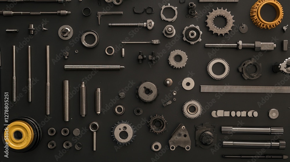 Poster top-down view of precision mechanical parts arranged neatly on an engineering table.
