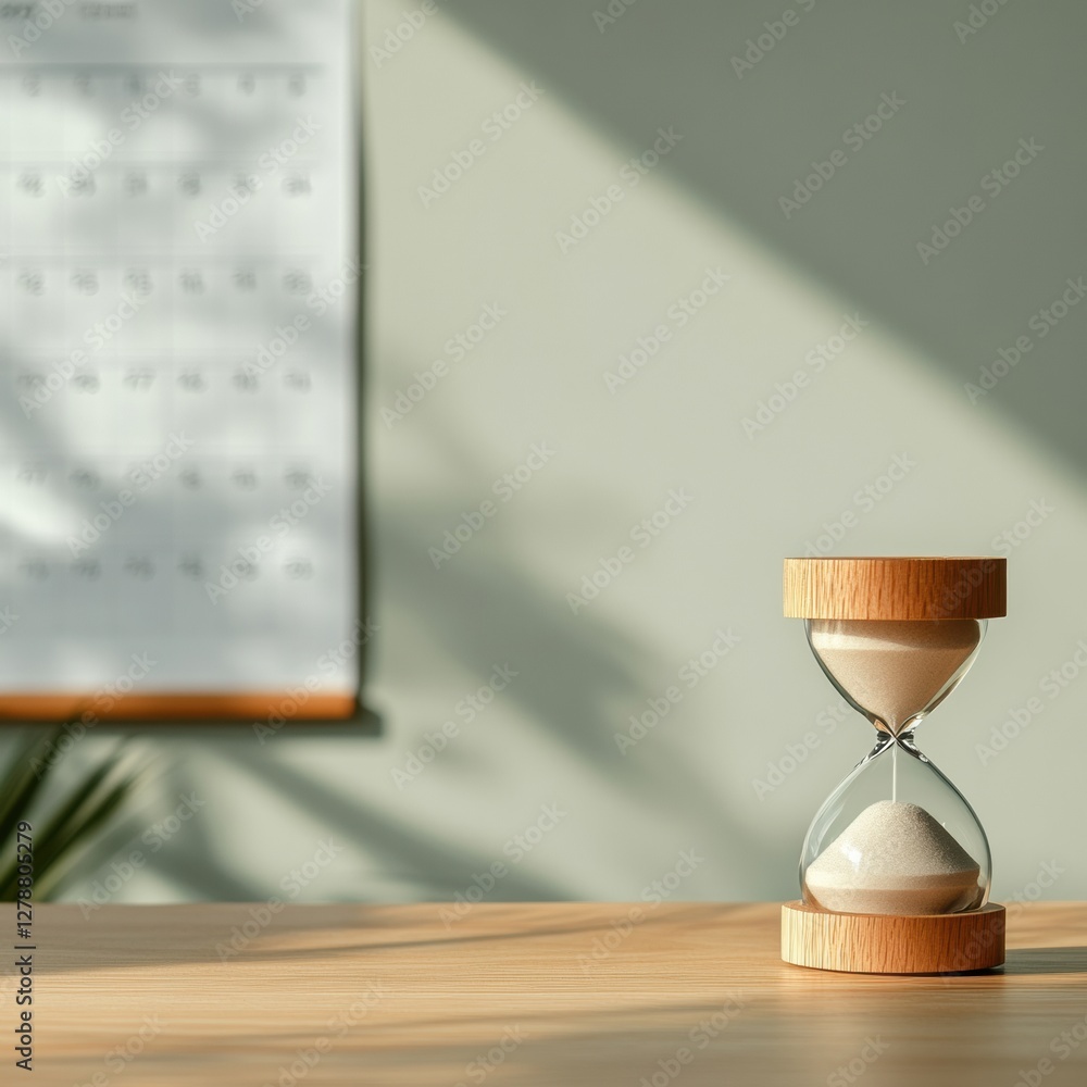 Poster minimalist time management wooden hourglass and wall calendar on oak desk - efficient scheduling for