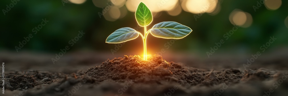 Poster neon green innovation illuminated seedling in earthy soil with circuitry - advancing eco-tech for su