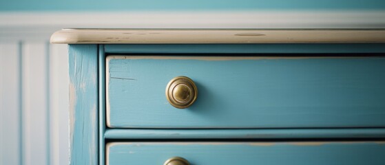 Fototapeta premium Close-up of a vintage blue dresser with brass knobs, showcasing its rustic charm against a softly lit, pastel background.
