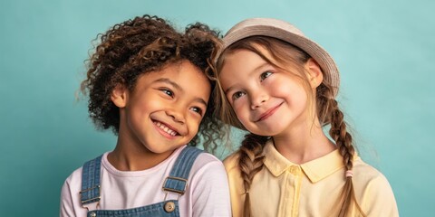 Fototapeta premium two young girls of different ethnicities are looking at each other and smiling with joy, showing their friendship. Their faces exude warmth and innocence