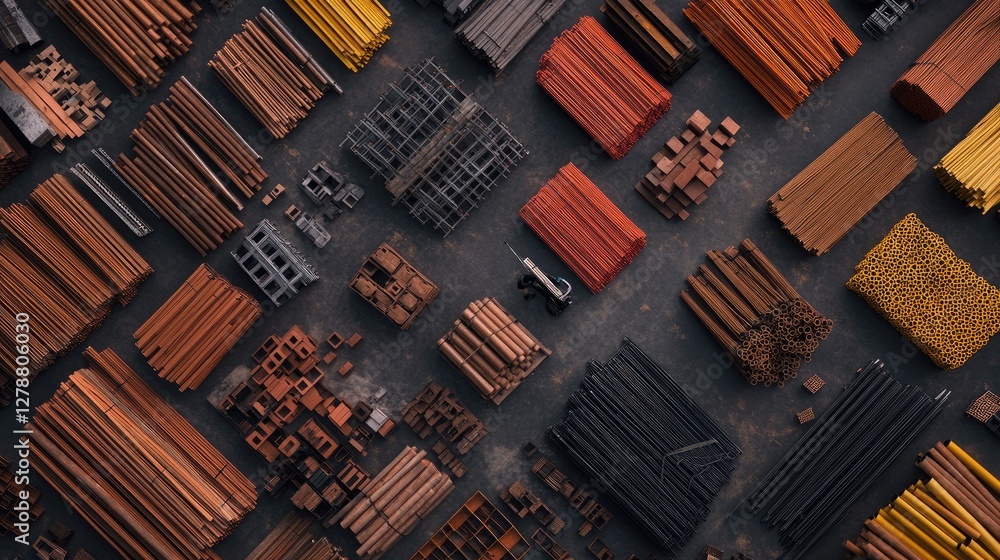 Aufkleber top-down view of scaffolding materials neatly arranged on a factory floor.