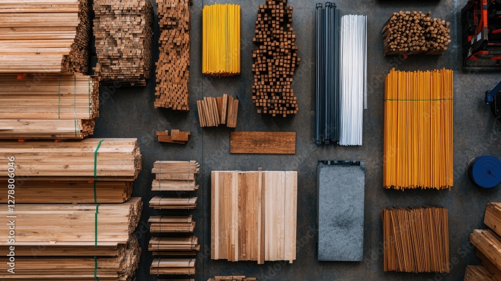 Aufkleber top-down view of scaffolding materials neatly arranged on a factory floor.