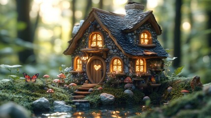 Fototapeta premium Enchanted Fairy House in Magical Forest Scene