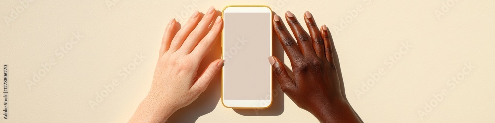 Poster minimalist digital connection diverse hands with smartphone on chic beige surface - social engagemen