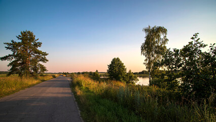 Fototapeta premium Summer landscape with asphalt road next to a field on the sunset.