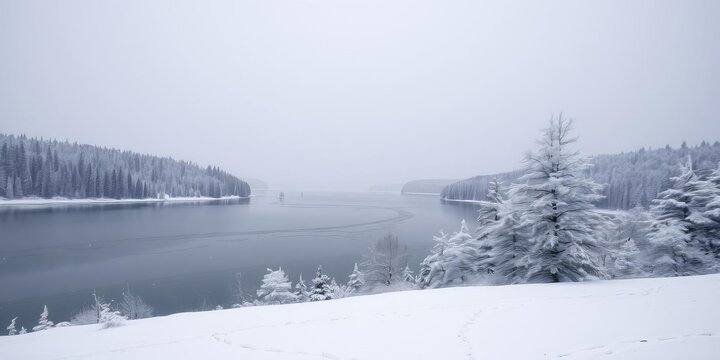 Winter landscape with snow-covered trees and a frozen lake, showcasing the cold beauty of the season, tranquility, snowy, snowfall