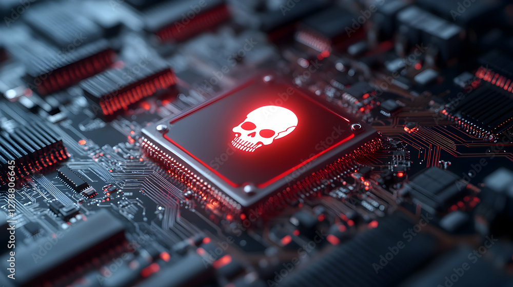 Poster a close-up view of a computer circuit board featuring a glowing red skull symbol, representing cyber