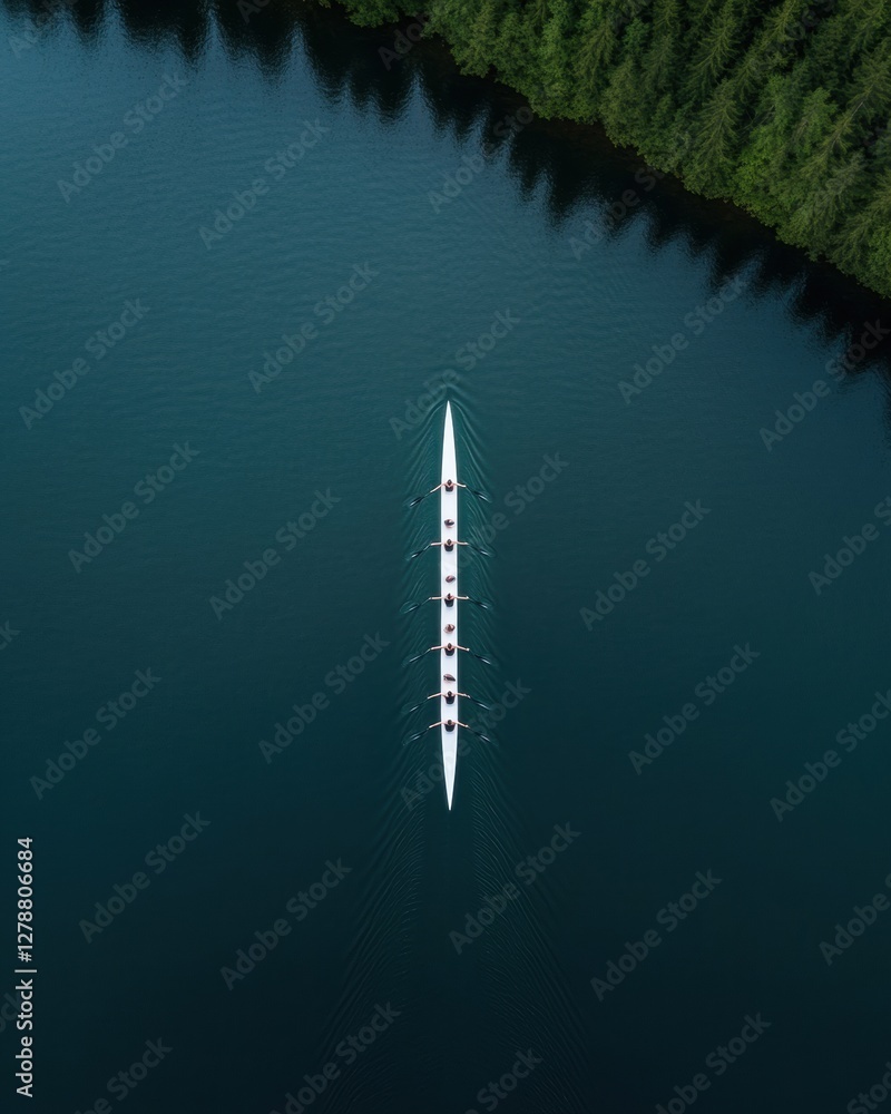 Poster aerial aesthetic view of team rowing sleek shell with synchronized oars on pristine water - sports p