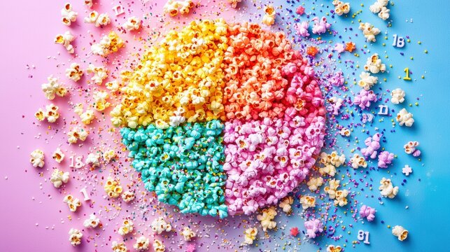 Colorful Popcorn Pie Chart Made with Assorted Flavors and Sprinkles - Powered by Adobe